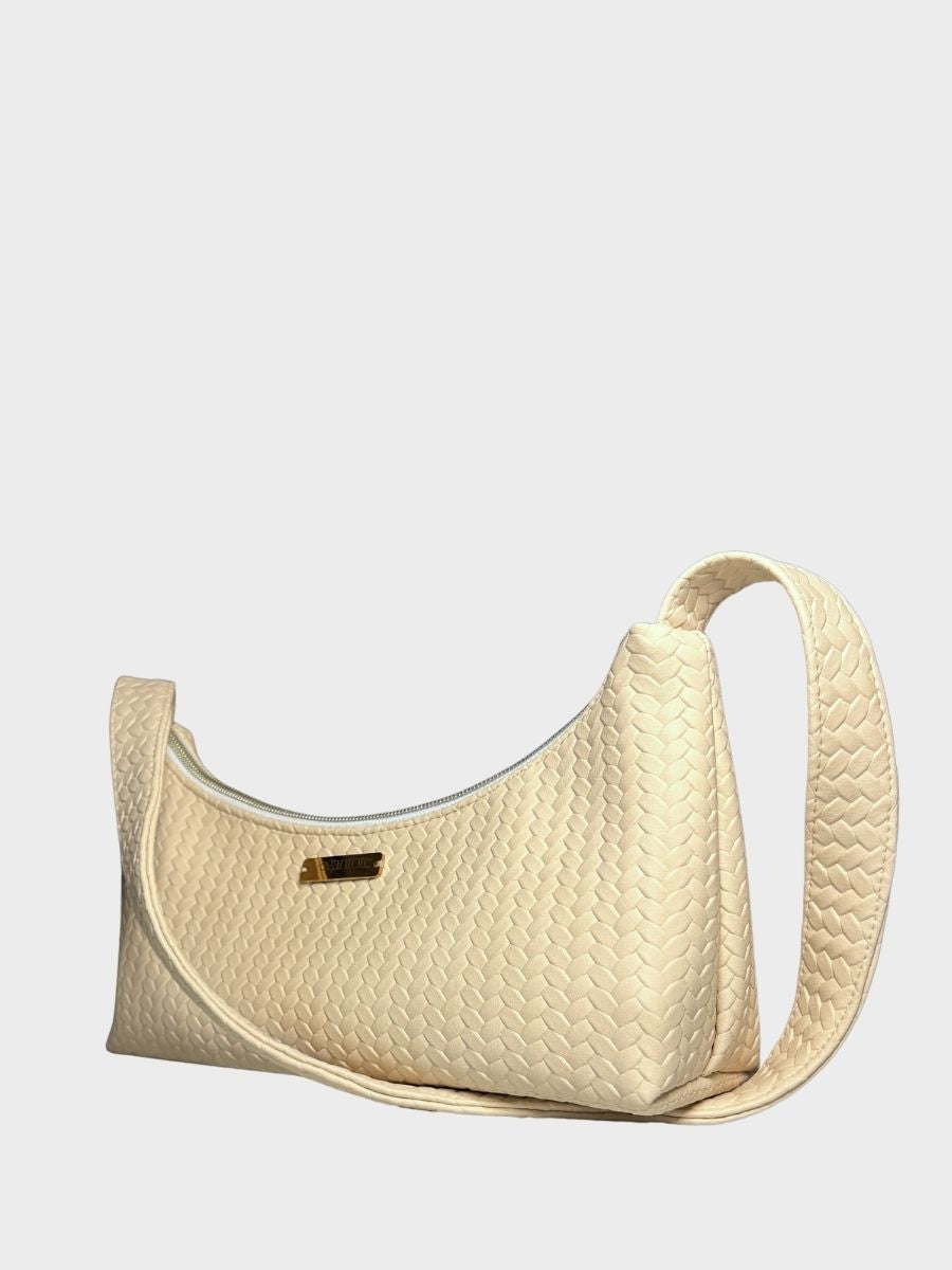 Beige Textured Vegan Leather Shoulder Bag