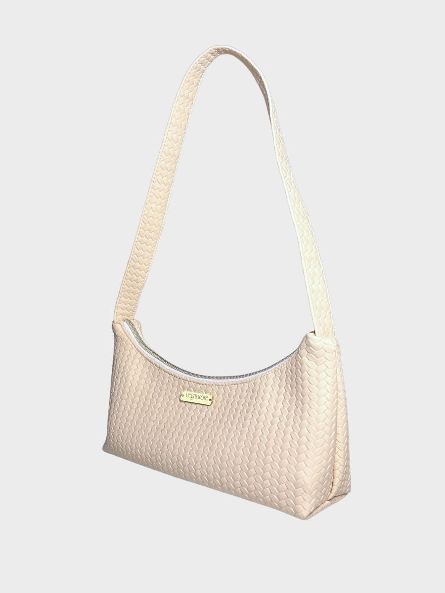 Beige Textured Vegan Leather Shoulder Bag