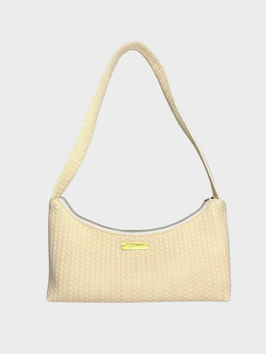 Beige Textured Vegan Leather Shoulder Bag