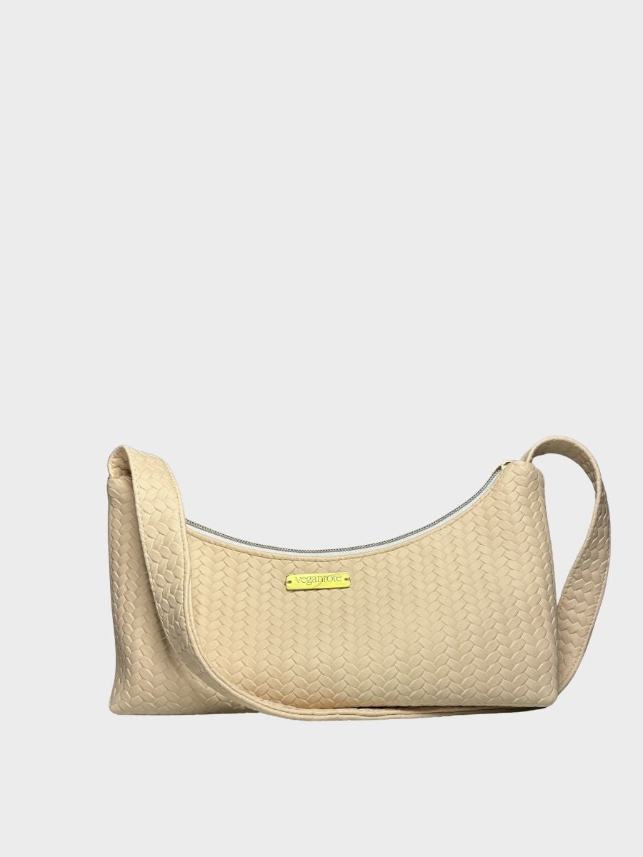 Beige Textured Vegan Leather Shoulder Bag