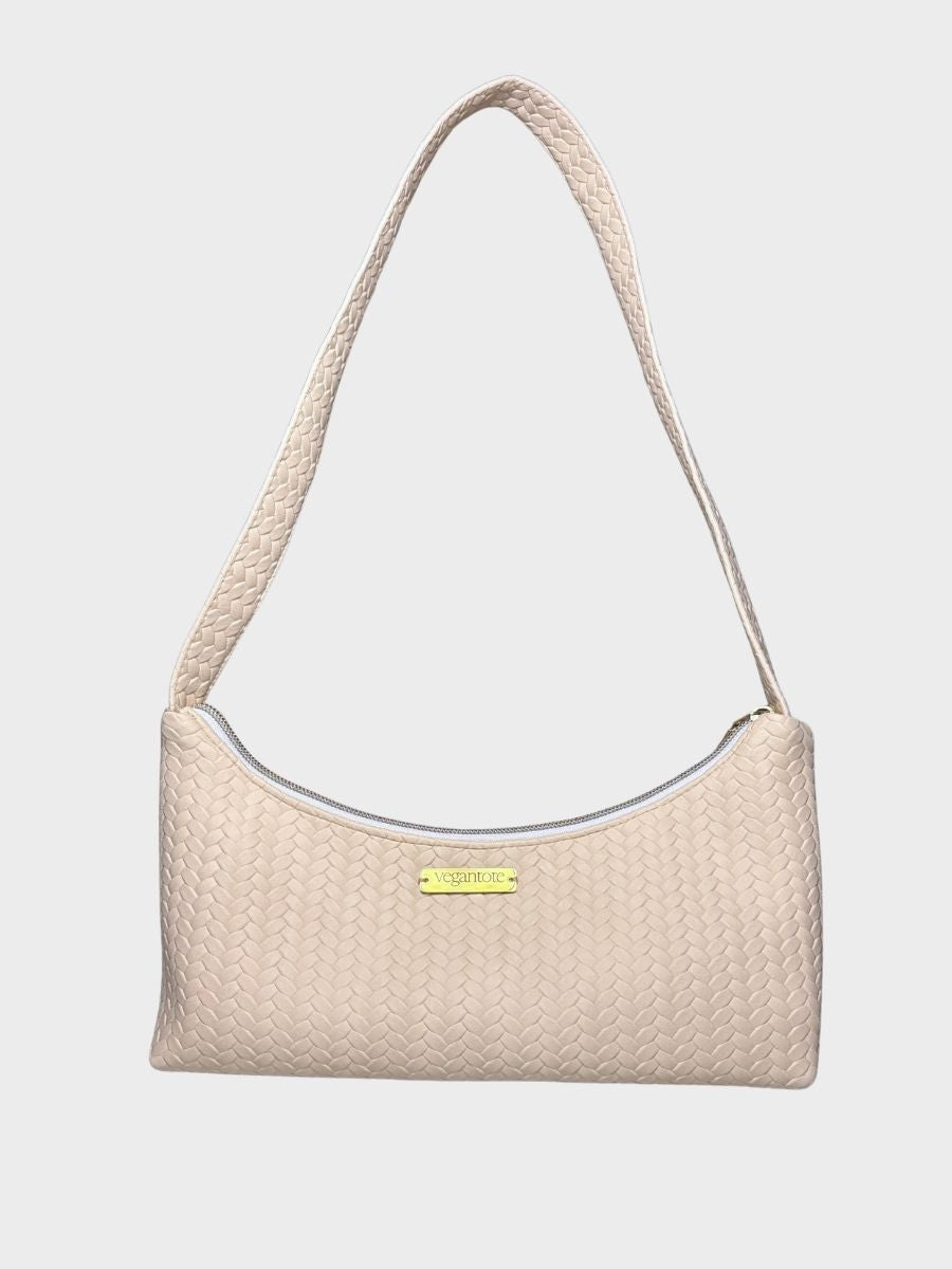 Beige Textured Vegan Leather Shoulder Bag