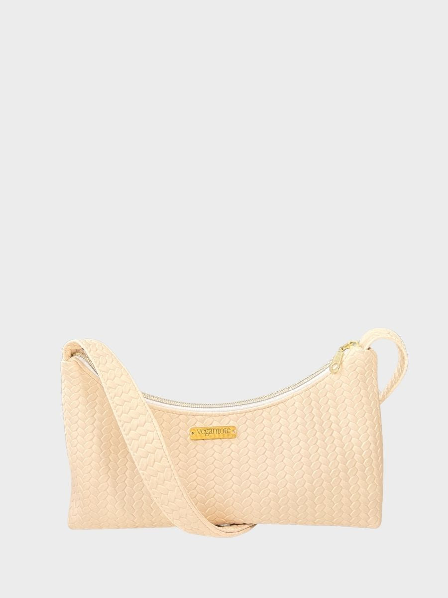 Beige Textured Vegan Leather Shoulder Bag