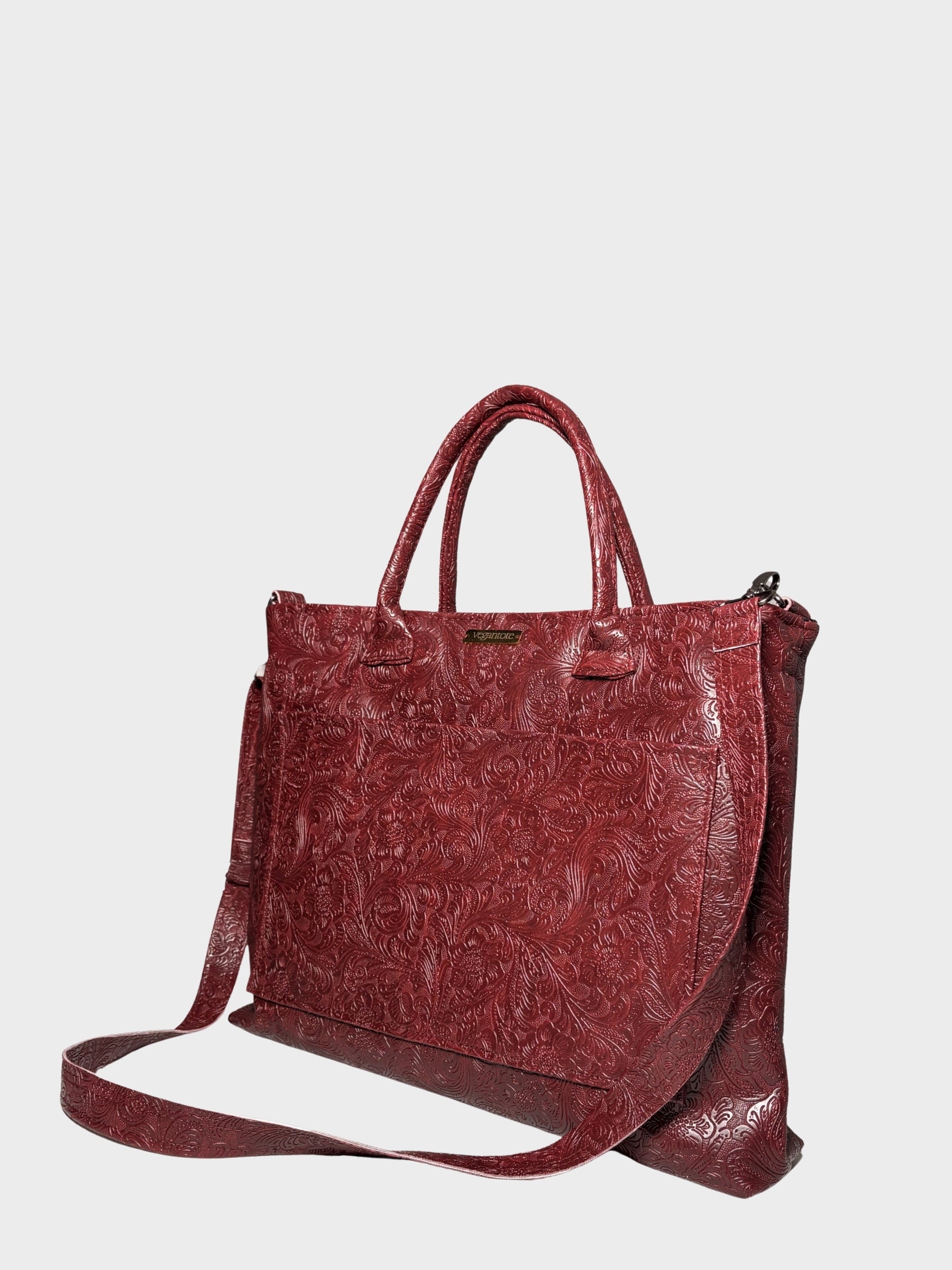 Burgundy Flower Garden Vegan Leather Tote Bag